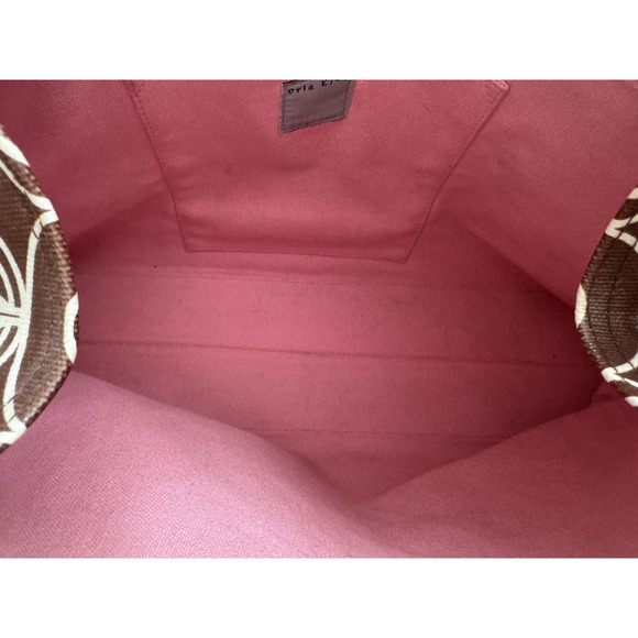 Orla Kiely Tote Bag Brown Cream Print Coated Canvas Pink Canvas-Leather Handles - Picture 8 of 10